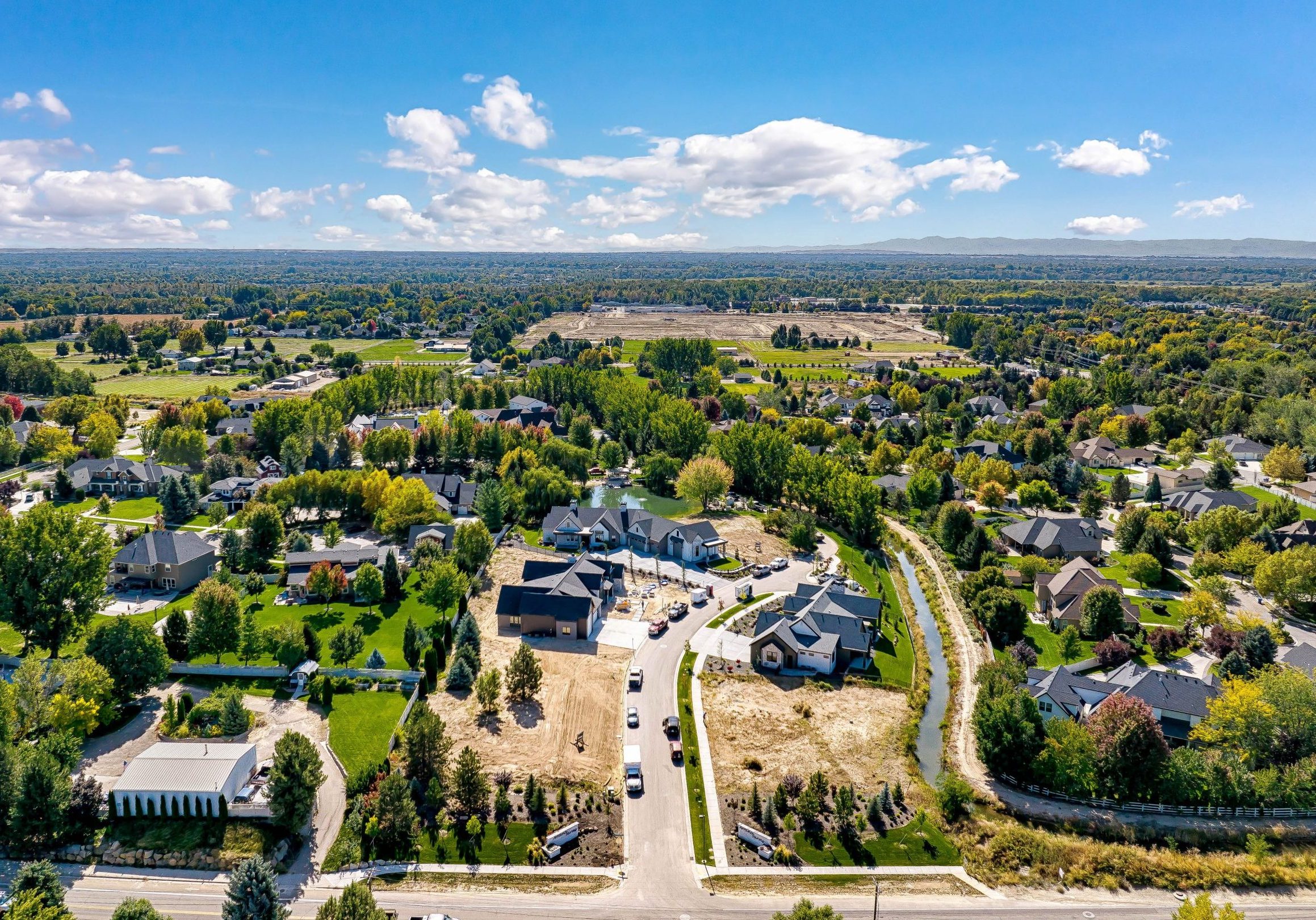 Aerial view from straight on over Arrano Farms boutique community in Eagle, Idaho